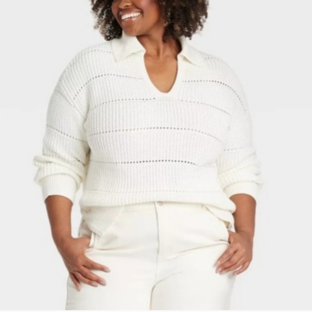 NWT Ava & Viv Pullover Knit Collared V-Neck Sweater In Ivory Size Women's 2X